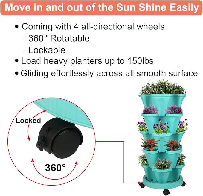 Vertical Planter 5 Tier Stackable Planters Garden Planters Strawberry Herb Flower and Vegetable Planter Indoor Outdoor Gardening Pots with Removable Wheels and Tools by GreenHaven Gardens
