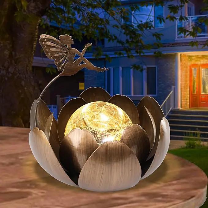 MUMTOP Solar Lights Fairy Garden Decor, Waterproof Metal Solar Lanterns Outdoor Crackle Globe Glass Lotus Flower Table Lamp for for Patio Pathway Yard Balcony Garden Decorations by GreenHaven Gardens
