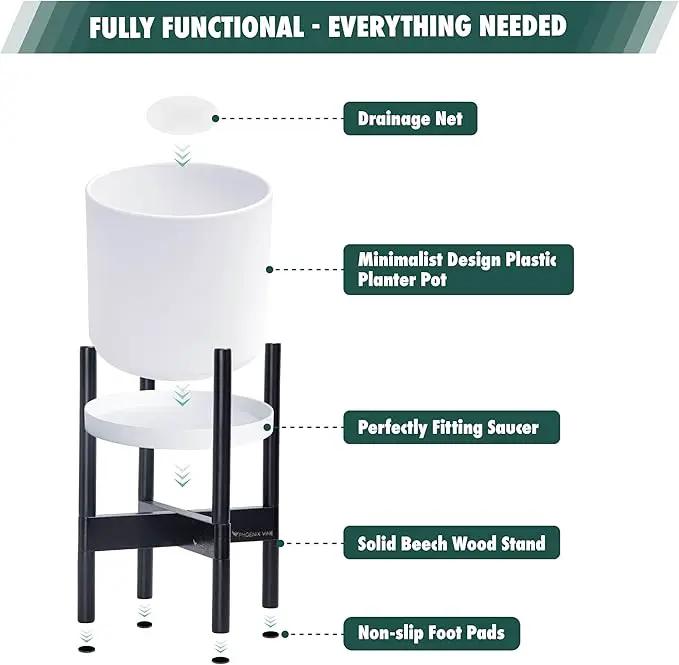 D'vine Dev Planter Pot with Stand - 14 Inch Plastic Cylinder Flower Pot with Wood Planter Holder for Indoor, Matte White Pot + Ebony Stand, 55-C-T-1 by GreenHaven Gardens