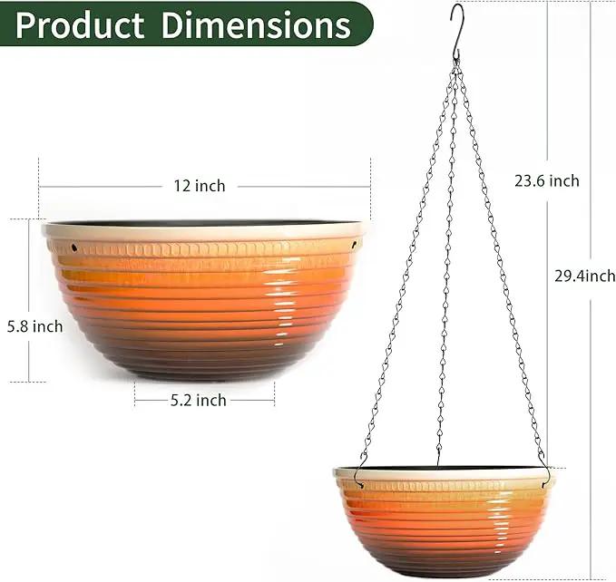 12 inch Hanging Planters for Indoor Outdoor Plants, 2 Pack Large Hanging Flower Pots with Drainage Holes and Chain, Glazed Hanging Baskets for Home Garden Decoration, Orange by GreenHaven Gardens