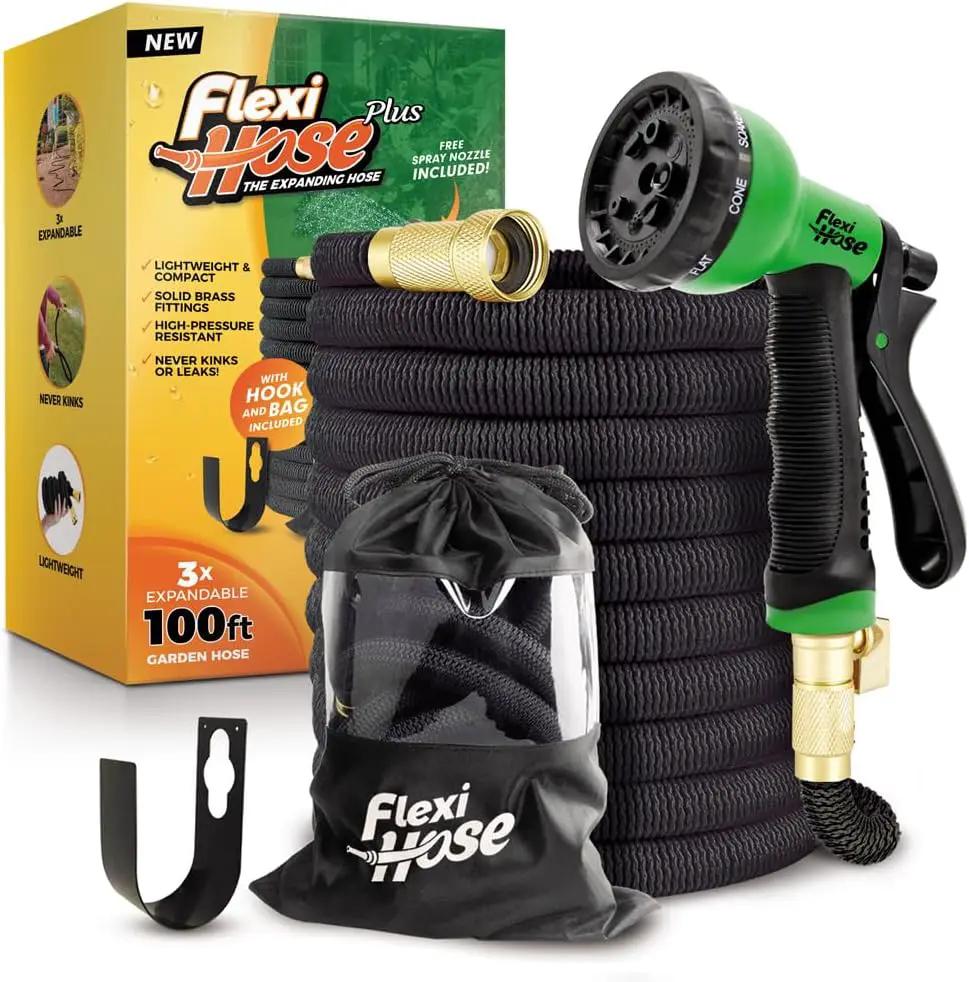 Flexi Hose PLUS with 8 Function Nozzle Expandable Garden Hose, Lightweight & No-Kink Flexible Garden Hose, 3/4 inch Solid Brass Fittings and Double Latex Core, 100 ft Black by GreenHaven Gardens