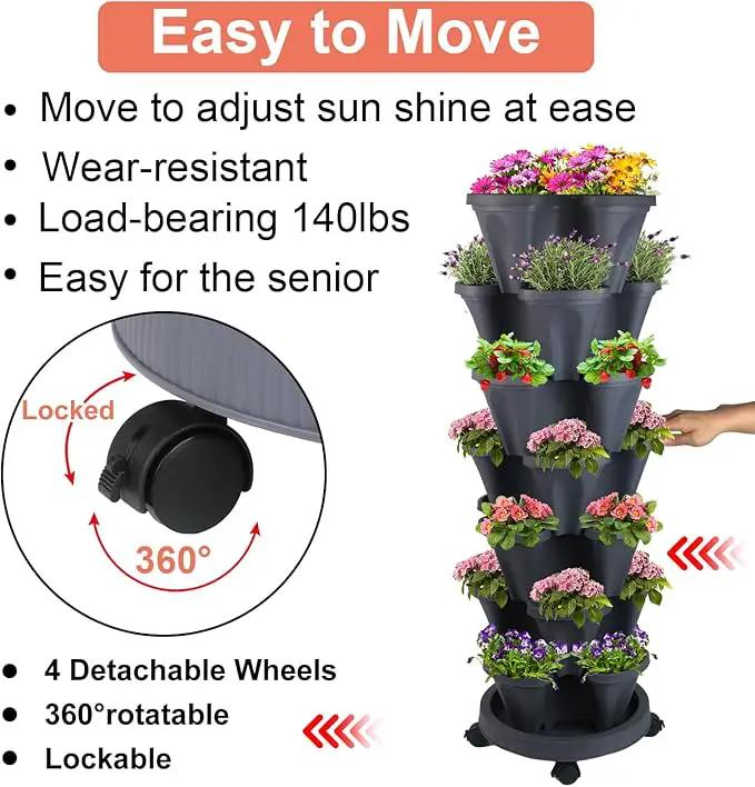 Vertical Planter 7 Tier Stackable Planters Garden Planters Strawberry Herb Flower and Vegetable Planter Indoor Outdoor Gardening Pots with Removable Wheels and Tools by GreenHaven Gardens
