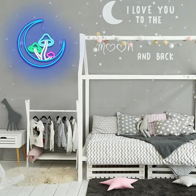 Moon Mushroom Neon Sign Blue Moon Neon Lights for Wall Decor Mushroom Light Up Signs USB LED Signs for Girls room Living Room Kids Room Home Bar Party Shop by GreenHaven Gardens
