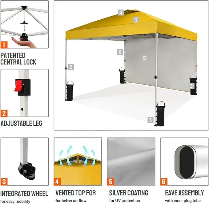 CROWN SHADES 10x10 Pop Up Canopy with 1 Side Wall - Beach Tent with One Push Setup - Outdoor Sun Shade for Events, Parties, Camping - Gazebo with STO-N-Go Cover Bag (Yellow) by GreenHaven Gardens