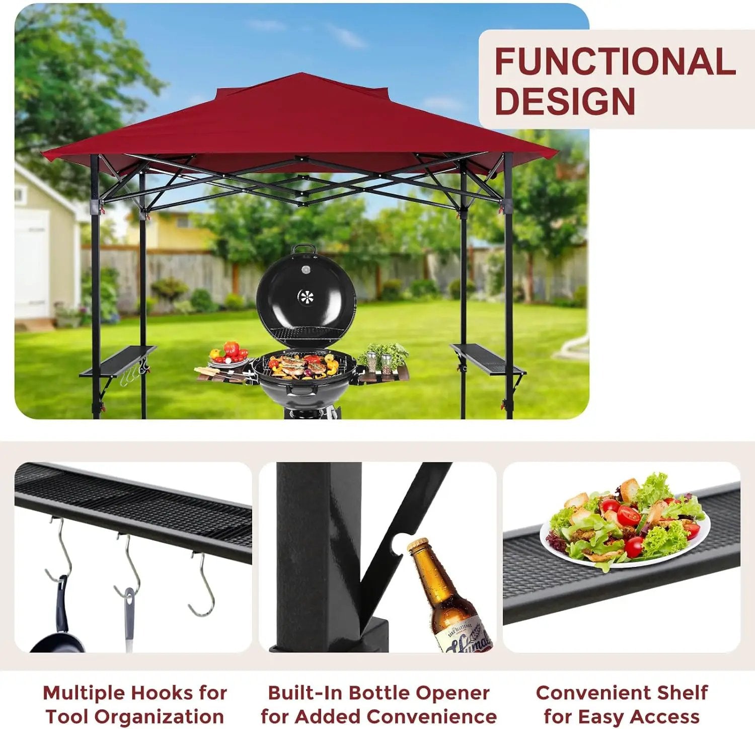 Outdoor Pop up Barbeque Grill Gazebo 8x5 with Carry Bag, Portable BBQ Canopy Tent with Handy Wired Shelf, Red by GreenHaven Gardens