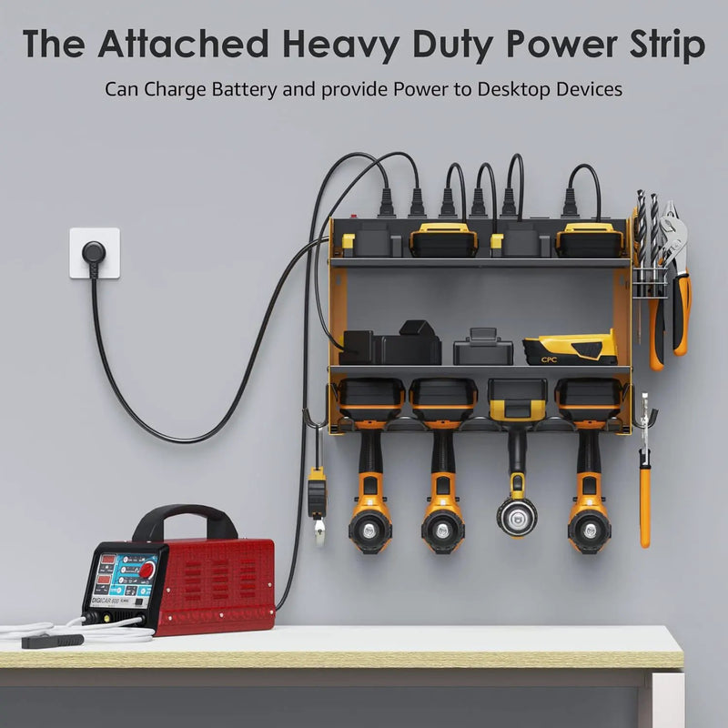 CCCEI Set Power Tool Organizer Wall Mount with Charging Station. Garage 4 Drill Storage Shelf with Hooks, Heavy Duty Metal Tool Battery Charger Organizer. Shop Utility Rack with Power Strip Yellow. by GreenHaven Gardens