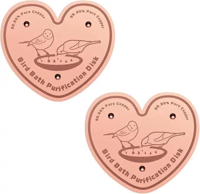 2-Pack 99.99% Pure Copper Bird Bath Purification Disk,Copper Disc with Stable Triple-Point Support,Fits All Outdoor Bird Baths(Heart-Shaped) by GreenHaven Gardens