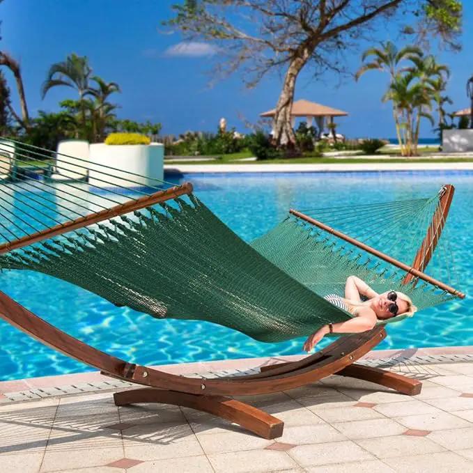 Lazy Daze Hammocks 10.5 FT Double 2 Person Caribbean Rope Hammock, Hand Woven Polyester Hammock with Spreader Bars, for Outside Outdoor Backyard Patio Poolside,450 LBS Capacity, Green by GreenHaven Gardens