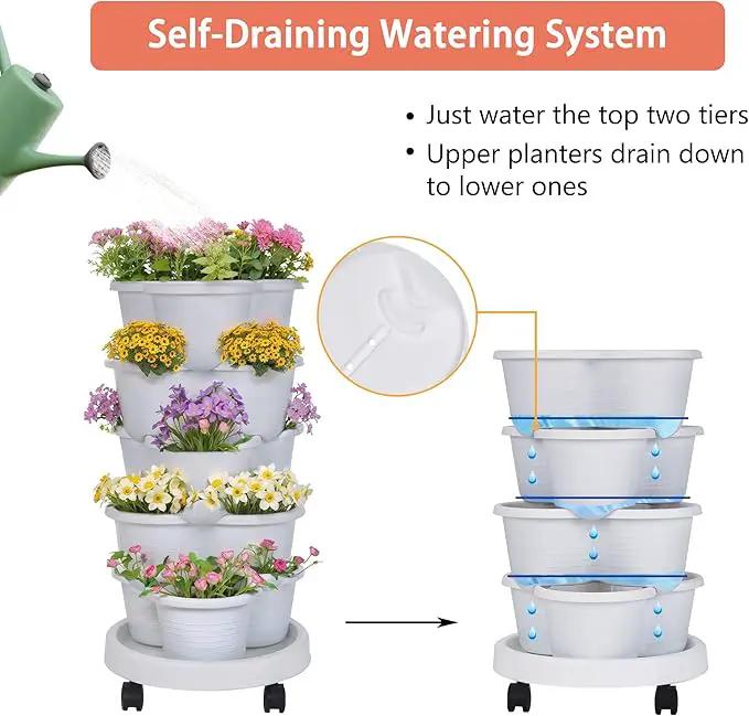 VECELO 5 Tier Vertical Garden Planter, Self Watering Stackable Planters with Wheels for Strawberries, Herbs, Flowers, Vegetables, White by GreenHaven Gardens