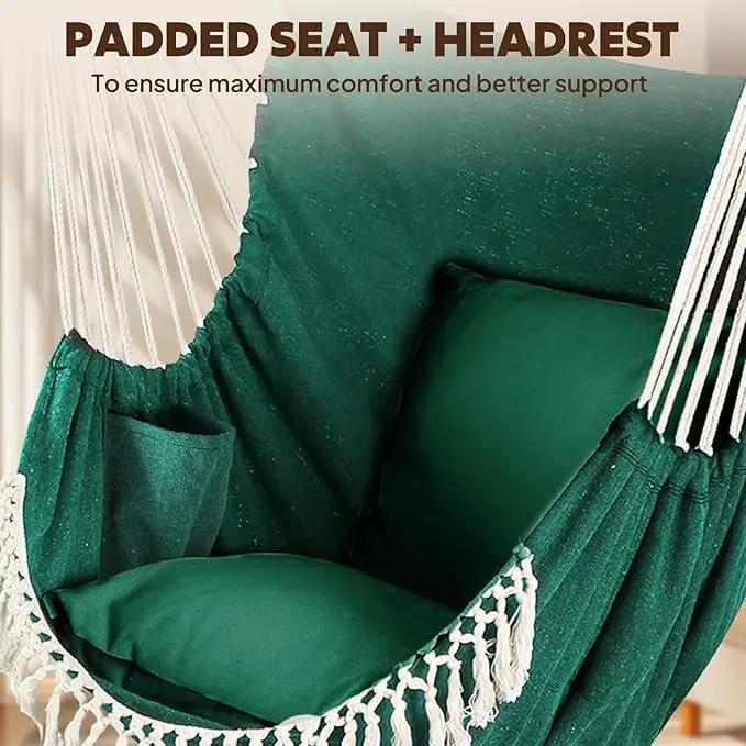 Chihee Hammock Chair Hanging Swing 2 Pillows Included,Strong Webbing Straps and Hooks for Easy Hanging Soft Cotton Hanging Chair Side Pocket Tassel Chair Comfort Indoor Outdoor by GreenHaven Gardens