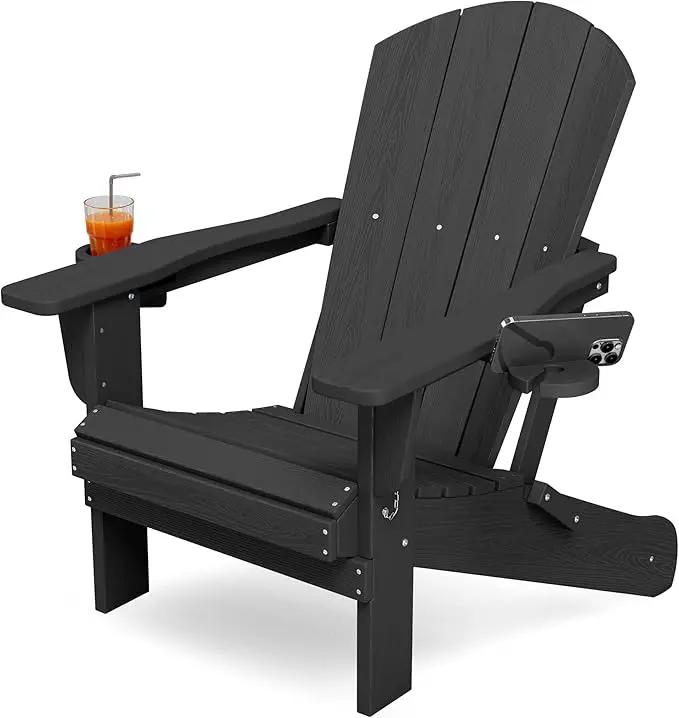KINGYES Folding Adirondack Chair with Dual Cup Holders - HDPE All-Weather Outdoor Chairs, Wood-Like Patio Chair for Backyard, Camping, Pool & Fire Pit, Black by GreenHaven Gardens