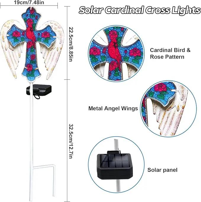 Solar Cross Garden Lights, Solar Cardinal Stake Lights Cemetery Decorations for Grave, Jesus Cross Sympathy Memorial Gifts for Mother Grandma, Glass Garden Art for Yard Lawn Patio Decor by GreenHaven Gardens
