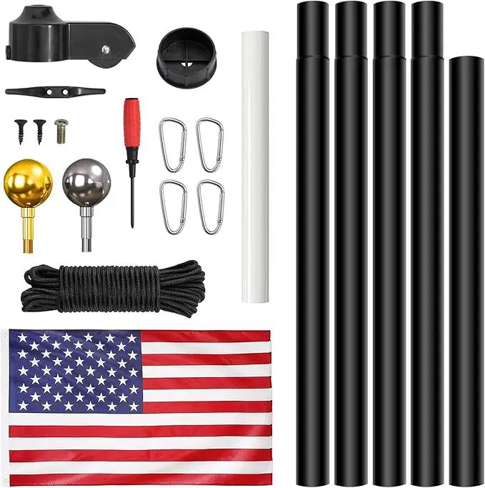 20FT Sectional Super Thick Flag Pole Kit, Heavy Duty 13 Gauge Aluminum in Ground Flagpole with 3x5 American Flag for Residential or Commercial, Black by GreenHaven Gardens