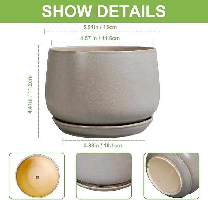 G EPGardening Ceramic Plant Pots - Round 6 Inch Modern Planter with Drainage and Plant Saucer Indoor Outdoor for Flower, Garden Decor, Gifts for Home, Retro Gray by GreenHaven Gardens