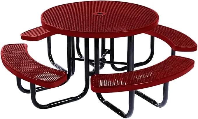 Coated Outdoor Furniture Heavy-Duty Portable Outdoor Picnic Table with Umbrella Hole, Punched Steel Commercial-Grade Patio Dining Furniture Made in America (46" Round Top, Textured Burgundy) by GreenHaven Gardens
