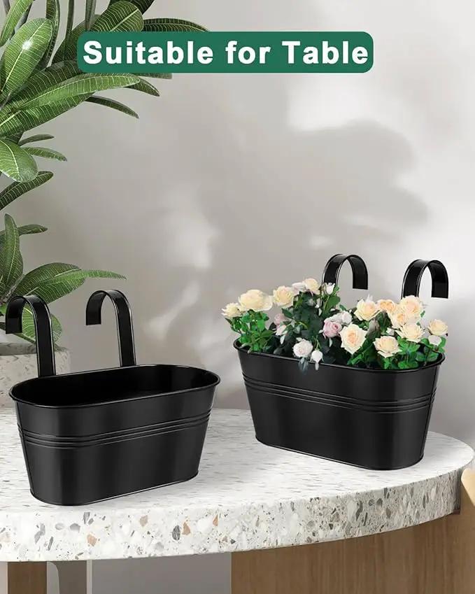 vensovo Metal Railing Planter for Outdoor Plants - 3 Pack Balcony Hanging Flower Pots with Detachable Hooks and Drain Holes Oval Bucket Rail Box Fence Planters for Home Garden Decor, Black by GreenHaven Gardens