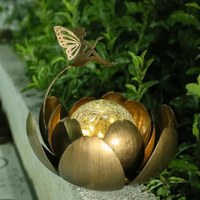 MUMTOP Solar Lights Fairy Garden Decor, Waterproof Metal Solar Lanterns Outdoor Crackle Globe Glass Lotus Flower Table Lamp for for Patio Pathway Yard Balcony Garden Decorations by GreenHaven Gardens