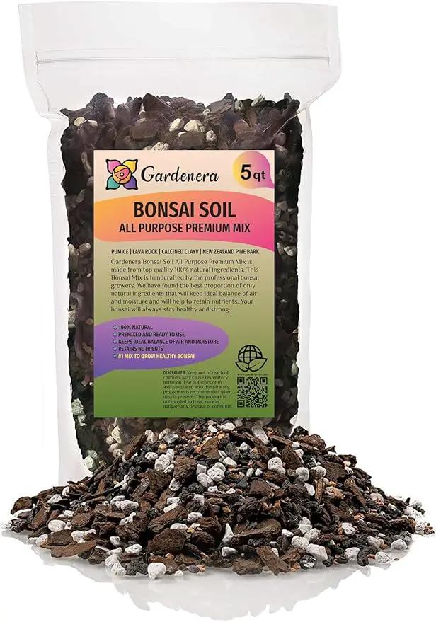 Premium Bonsai Soil All Purpose Fast Draining Mix - Pumice, Lava, Calcined Clay and Pine Bark Potting Pre Mixed Bonsai Plant Soil Mixture by GARDENERA - Made in USA - (5 Quart Bag) by GreenHaven Gardens