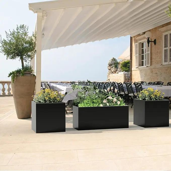 Long Metal Cube Planter for Outdoor Plants 15" W x 38" L x 16.25" H, Heavy Duty Steel Rectangular Planter Box with Removable Insert Shelf, Modern Décor for Outside, Indoor, Garden (Black) by GreenHaven Gardens