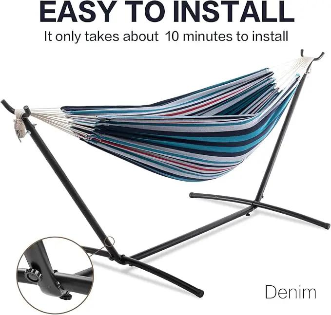 PNAEUT Double Hammocks with Stand for Outside, Portable Space Saving Heavy-Duty Steel Stand for Indoor Outdoor Patio with Carrying Bag, 450 lbs Capacity (Denim) by GreenHaven Gardens