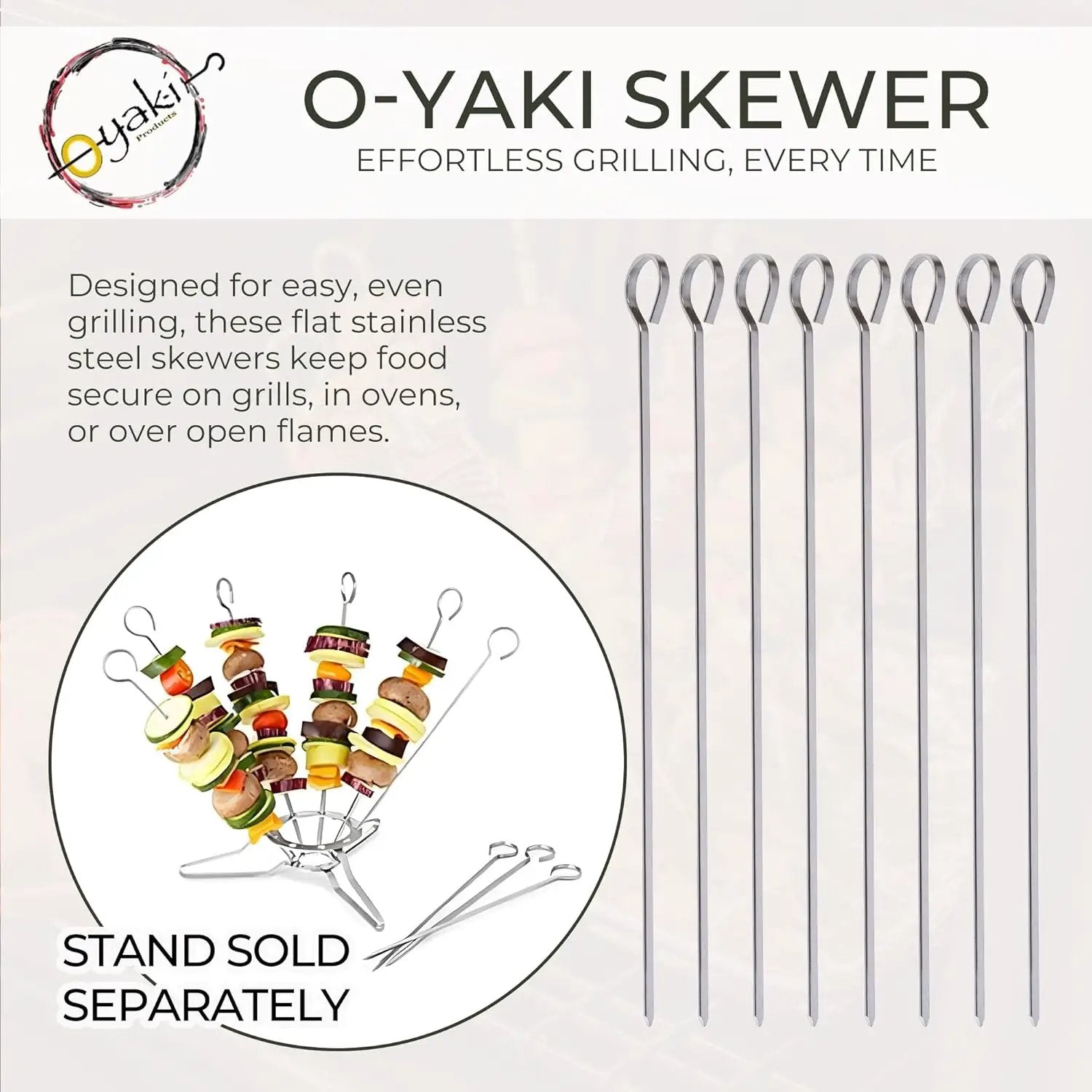 O-Yaki Flat Metal Kabob Skewer for Grilling – Set of 8 BBQ Skewers Stainless Steel with Storage Bag, Dishwasher Safe Skewers with Hook Handle & Sharp Tip for BBQ, Cookouts & Oven Use – 12 Inch by GreenHaven Gardens