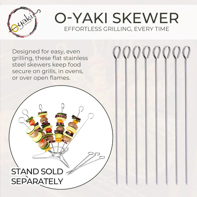 O-Yaki Flat Metal Kabob Skewer for Grilling – Set of 8 BBQ Skewers Stainless Steel with Storage Bag, Dishwasher Safe Skewers with Hook Handle & Sharp Tip for BBQ, Cookouts & Oven Use – 12 Inch by GreenHaven Gardens