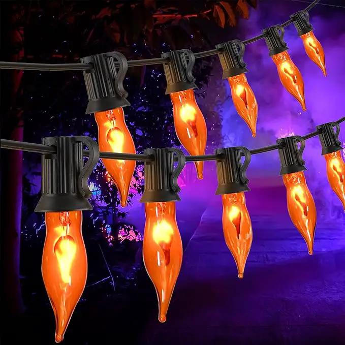 Flickering Flame String Lights Orange Halloween Lights with 10 Pack C7 Orange Flame Light Bulbs, 12.8Ft Orange Flame String Lights for Halloween Decorations for Home Party Yard by GreenHaven Gardens