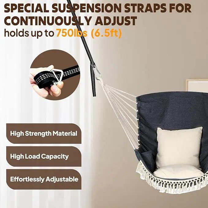 Chihee Hammock Chair Hanging Swing 2 Pillows Included,Strong Webbing Straps and Hooks for Easy Hanging Soft Cotton Hanging Chair Side Pocket Tassel Chair Comfort Indoor Outdoor Dark Grey by GreenHaven Gardens