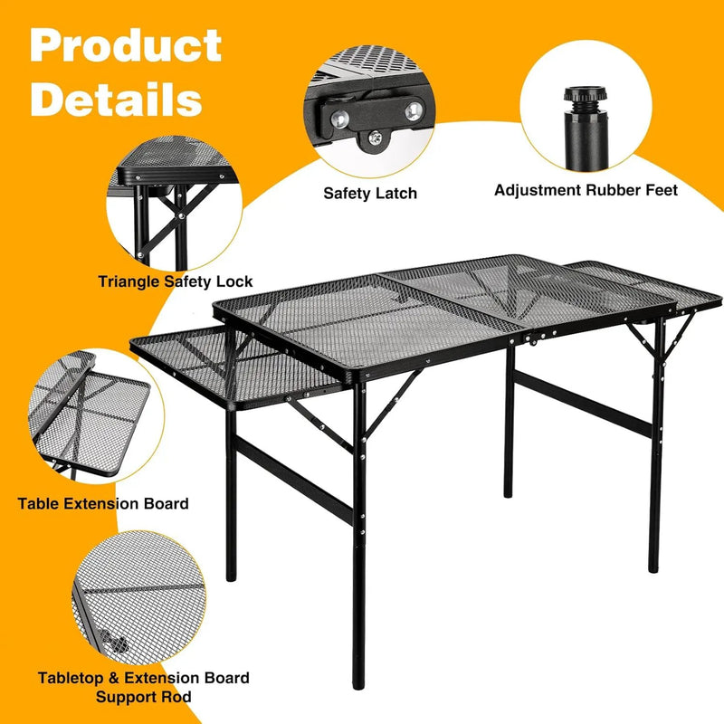 Grill Table Folding Table with 2 Wing Panels 3FT+1.4 FT with Mesh Desktop 2 Height Adjustable Portable Grill for Outdoor Indoor Beach BBQ Picnic Travel RV Black by GreenHaven Gardens