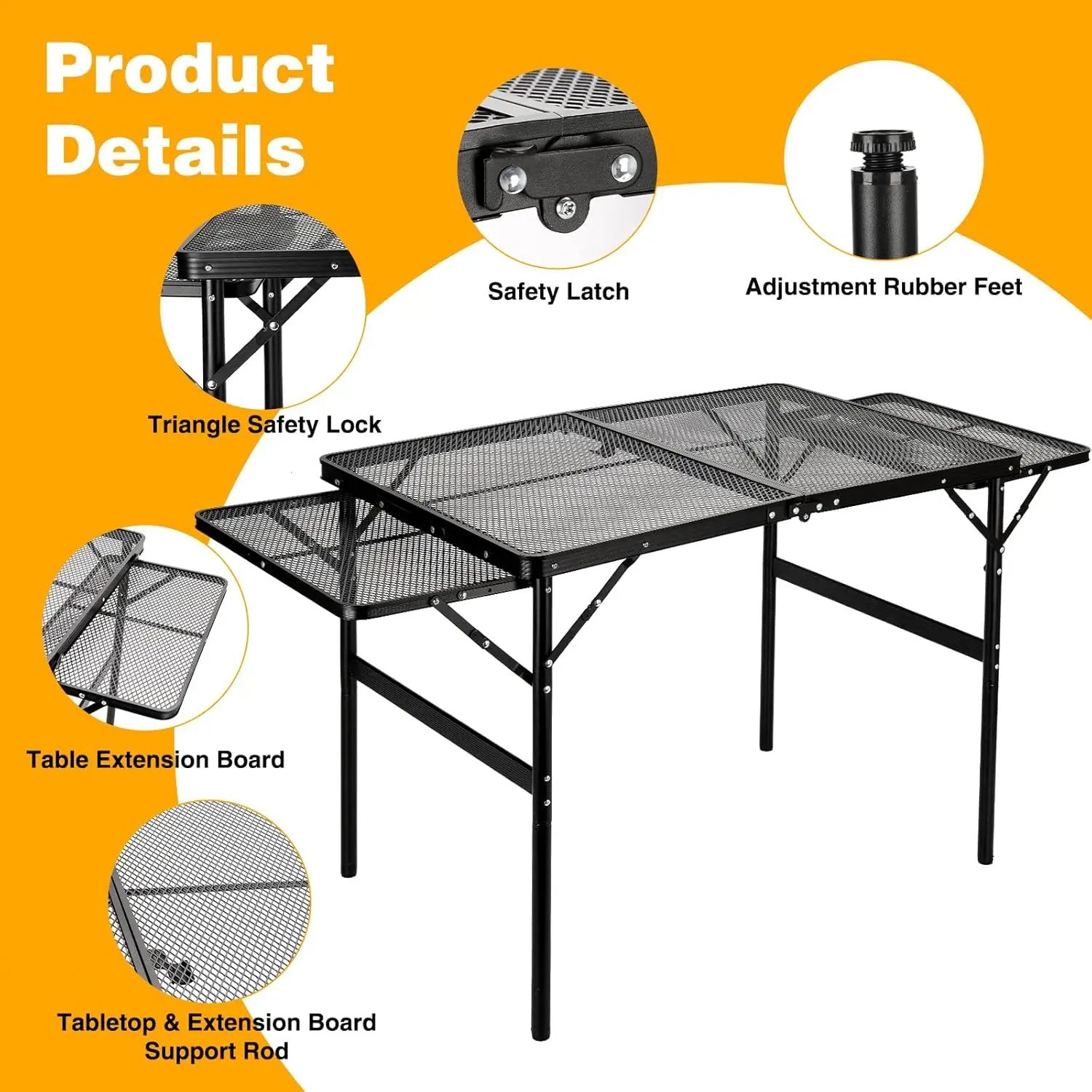 Grill Table Folding Table with 2 Wing Panels 3FT+1.4 FT with with 1×2/5 L Storage Bag Mesh Desktop 2 Height Adjustable Portable Grill for Outdoor Indoor Beach BBQ Picnic Travel RV Black by GreenHaven Gardens