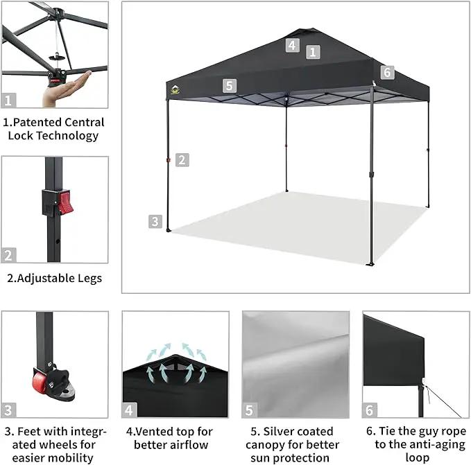 CROWN SHADES 10x10 Pop Up Canopy Tent - Patented Center Lock One Push Instant Outdoor Canopy Beach Tent with STO-N-Go Bag 8 Stakes & 4 Sand Bags，Black by GreenHaven Gardens