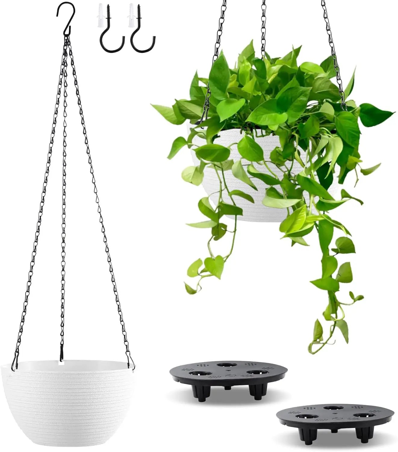 Hanging Planters for Indoor Outdoor Plants, Set of 2 Self Watering Hanging Pots with Drainage Hole & Plug and 20" Chain & Hooks by GreenHaven Gardens