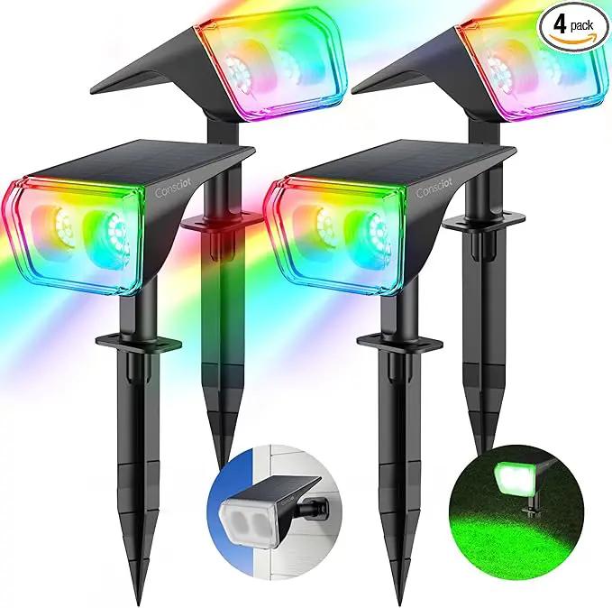 Consciot Solar Spot Lights Outdoor, 30 LED Waterproof Color Changing Solar Spotlight, 2 in 1 Adjustable Wall Lights, 10 Colors, Dusk-to-Dawn Solar Landscape Spotlights for Garden Yard Walkway, 4 Pack by GreenHaven Gardens