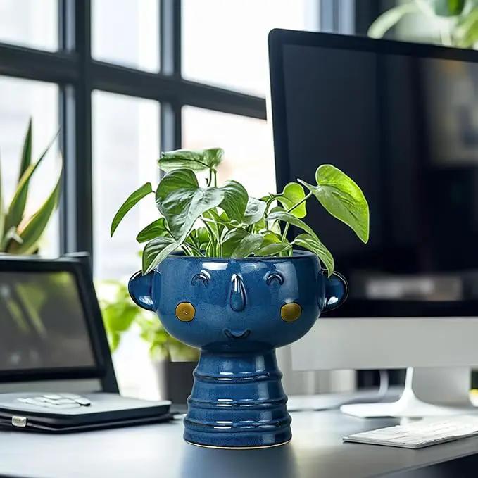Face Planter Pot Head 7 Inch - Cute Ceramic Head Planter for Indoor Outdoor Plants Unique Flower Pot with Drainage Hole Gift Ideas for Christmas Blue by GreenHaven Gardens