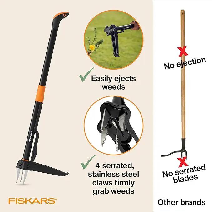 Fiskars 4-Claw Stand Up Weed Puller Tool, Gardening Hand Weeding Tool with 39" Long Ergonomic Handle with Easy-Eject Mechanism by GreenHaven Gardens