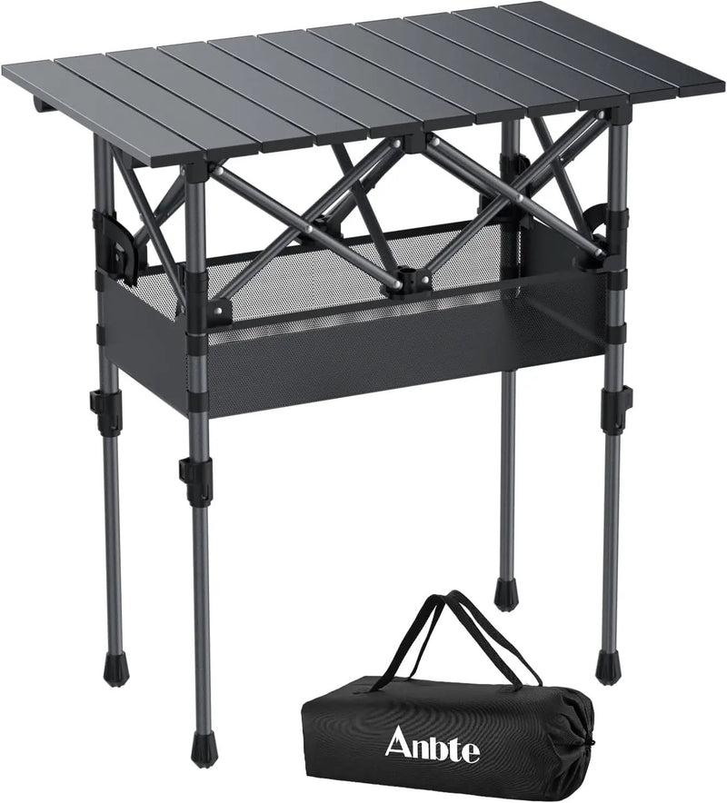 Folding Camping Table, Aluminum Roll Up Camping Table Adjustable Height with Storage Net and Bag, Lightweight Outdoor Table 25” X 16”, for Outdoor Travel BBQ Party Picnic, Black by GreenHaven Gardens