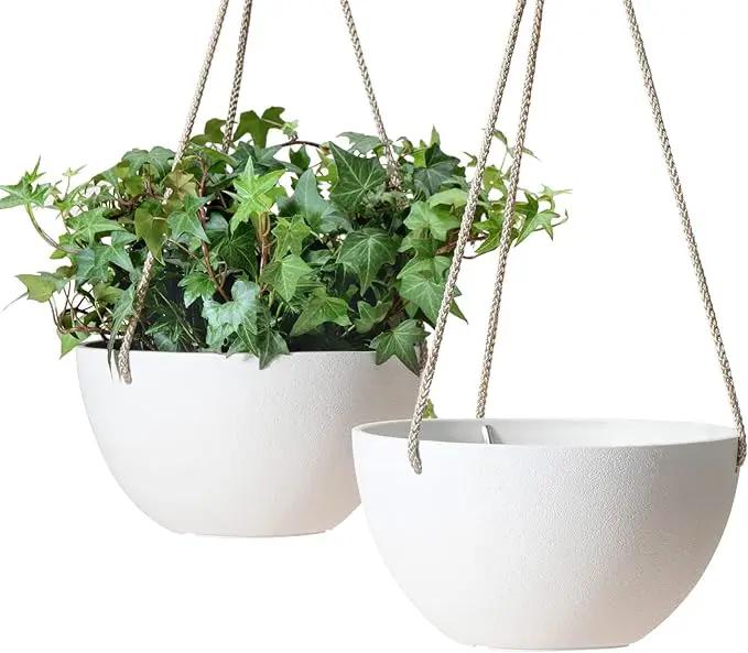 La Jolie Muse White Hanging Planter Basket - 8 Inch Indoor Outdoor Flower Pots, Plant Containers W/ Drainage Hole, Plant Pot for Hanging Plants, Pack 2 by GreenHaven Gardens