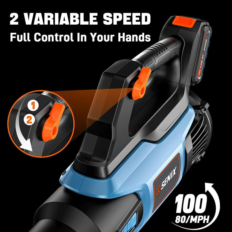 SENIX 20V Max Leaf Blower, Cordless, Brushless, Handheld, Up to 450 CFM and 100 MPH, 2 Speed Mode, Cruise Control, Lightweight, 5.0 Ah Battery and Charger Included (BLAX2-M3) by GreenHaven Gardens