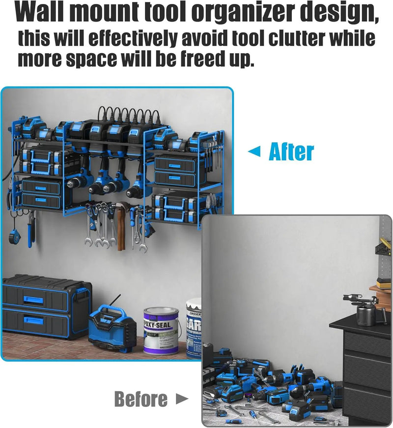 CCCEI Blue Power Tool Organizer Wall Mount, Large Tools and Battery Storage Rack Charging Station Individual Switches. Drills Holder, Garage Utility Shelves with 6FT Power Strip. Gift for Men. by GreenHaven Gardens