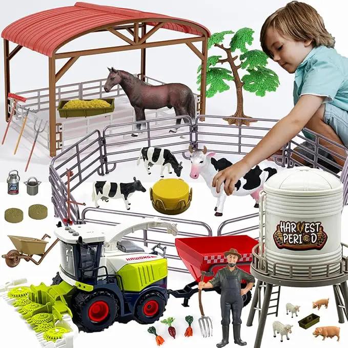 Farm Animals Toys Set Barn Toy Combine Harvester Tractor with Trailer Horse Stable Grain Bins Horse Cow Farmer Figures Fence Playset for Kids Toddlers Boy Girl 3-7 Years Old by GreenHaven Gardens