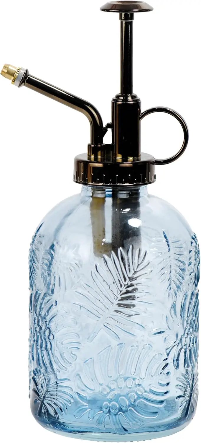 11.8 Ounce Glass Plant Spray Bottle, Glass Leaf Print One Handed Watering Can with Antique Brass Plastic One Handed Top Pump, 7.6 Inch Tall Indoor and Outdoor Plant Small Spray Bottle (Blue) by GreenHaven Gardens
