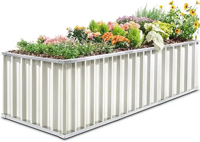 KING BIRD Galvanized Raised Garden Bed with 2 Installation Methods for DIY, 101" x 36" x 24" Heightened Planter Kit Box Outdoor for Deep-Rooted Vegetables, Flowers, Ivory by GreenHaven Gardens
