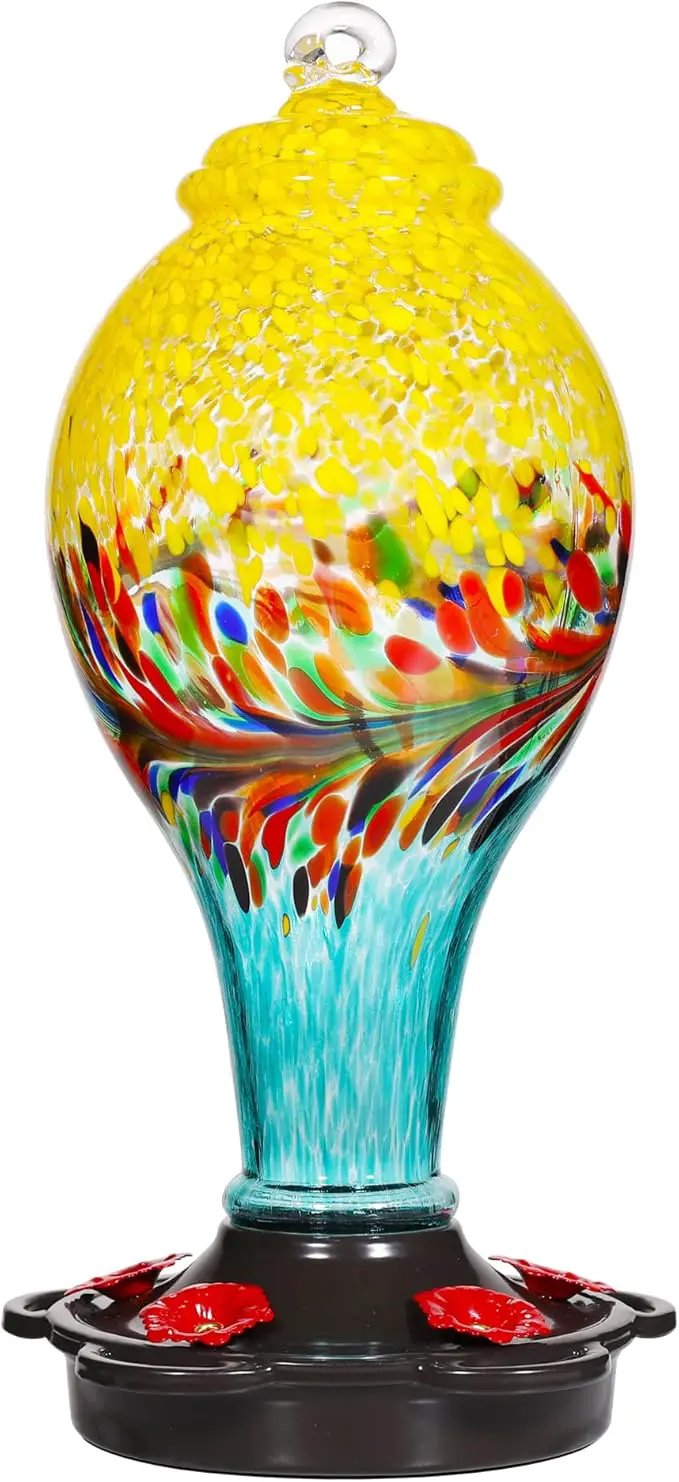 LUJII Hand Blown Glass Hummingbird Feeder for Outdoors with Ant Moat, Leak Proof & Rustproof,36 fl.oz, Metal Base Cover with 5 Feeding Ports & 5 Perches, Glass Art for Garden Decor (Blue Mixed Yellow) by GreenHaven Gardens