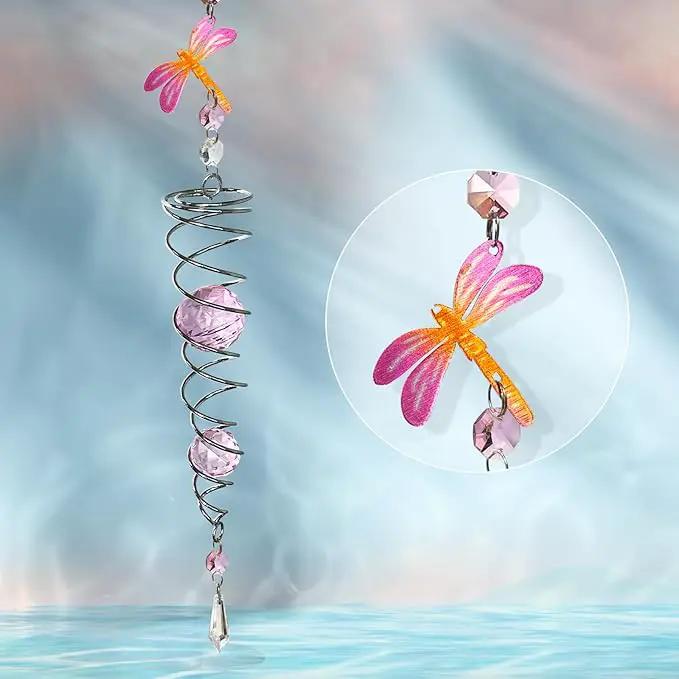FONMY Dragonfly Gazing Ball Spiral Wind Spinner Sun Catcher Rainbow Maker Silver Spiral W/Pink K9 Crystal Ball Tree Hanging Ornament Indoor Outdoor Garden Decor. 19.5inch H by GreenHaven Gardens