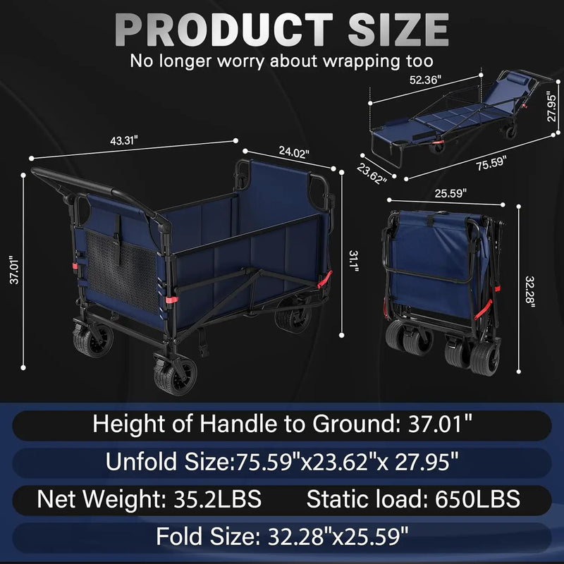 LEVELEVE Heavy Duty Folding Wagon - 2-in-1 Collapsible Cart, 400lb Capacity, All-Terrain Wheels w/Brakes & Side Pockets (Blue) by GreenHaven Gardens