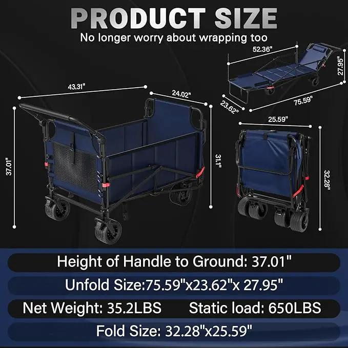 LEVELEVE Heavy Duty Folding Wagon - 2-in-1 Collapsible Cart, 650lb Capacity, All-Terrain Wheels w/Brakes & Side Pockets (Blue) by GreenHaven Gardens