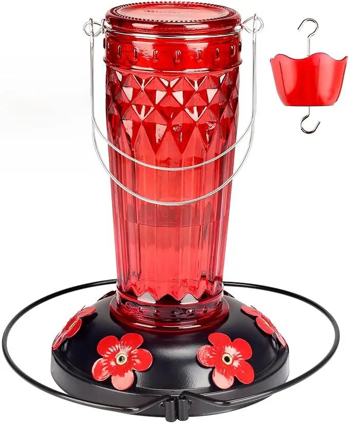 Hummingbird Feeder-16 Ounces，6 Feeding Ports Glass Hummingbird feeders for Outdoors,Wide Mouth for Easy Filling/Cleaning，Hanging for Garden Backyard Decor, Includes Ant Moat (Red) by GreenHaven Gardens