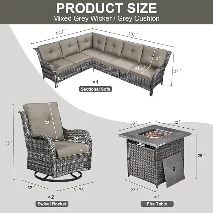 Outdoor Sectional Sofa Furniture Set with Propane Fire Pit Table, Wicker Patio Conversation Set with 2 Swivel Glider Rocker Chairs Grey Cushion Perfect for Backyard Casual Gathering by GreenHaven Gardens