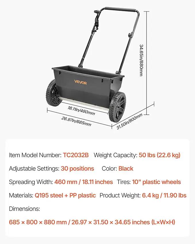 VEVOR Broadcast Spreader, 50LBS Capacity, Walk-Behind Push Spreader, 18 in Spreading Width, 8 in All Terrain Pneumatic Tires, Lawn Spreaders with Hopper Grate, for Seed, Fertilizer, Ice Melt by GreenHaven Gardens