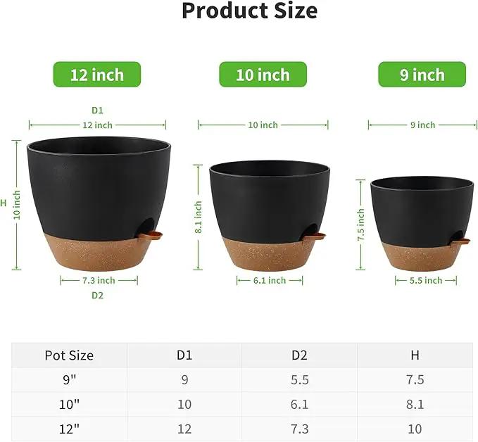 FaithLand 3-Pack Large Planter Pots, 12 10 9 Inch Self Watering Flower Pots for Indoor Outdoor Garden Plants, Black with Brown by GreenHaven Gardens